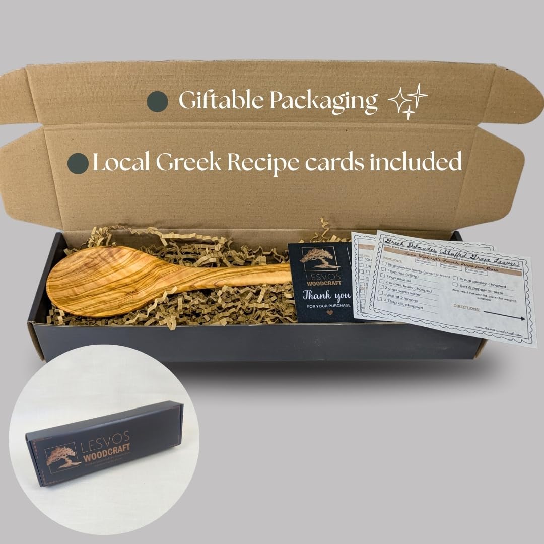 LESVOS WOODCRAFT - Handcrafted Olive Wood Spoon - 11'' Serving and Cooking Spoon, Artisan Utensil