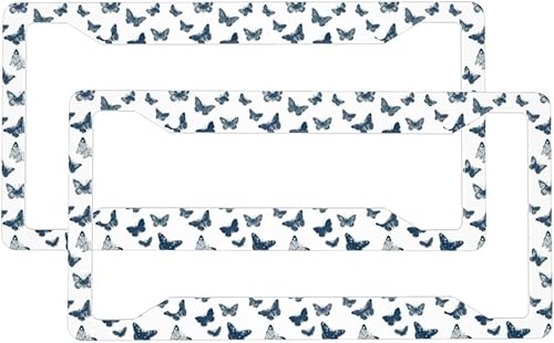 2 Pcs Car License Plate Frames for Women Men - Aluminum Solid Vintage Blue Butterflies Print License Plate Cover for Car Accessories for Women Men