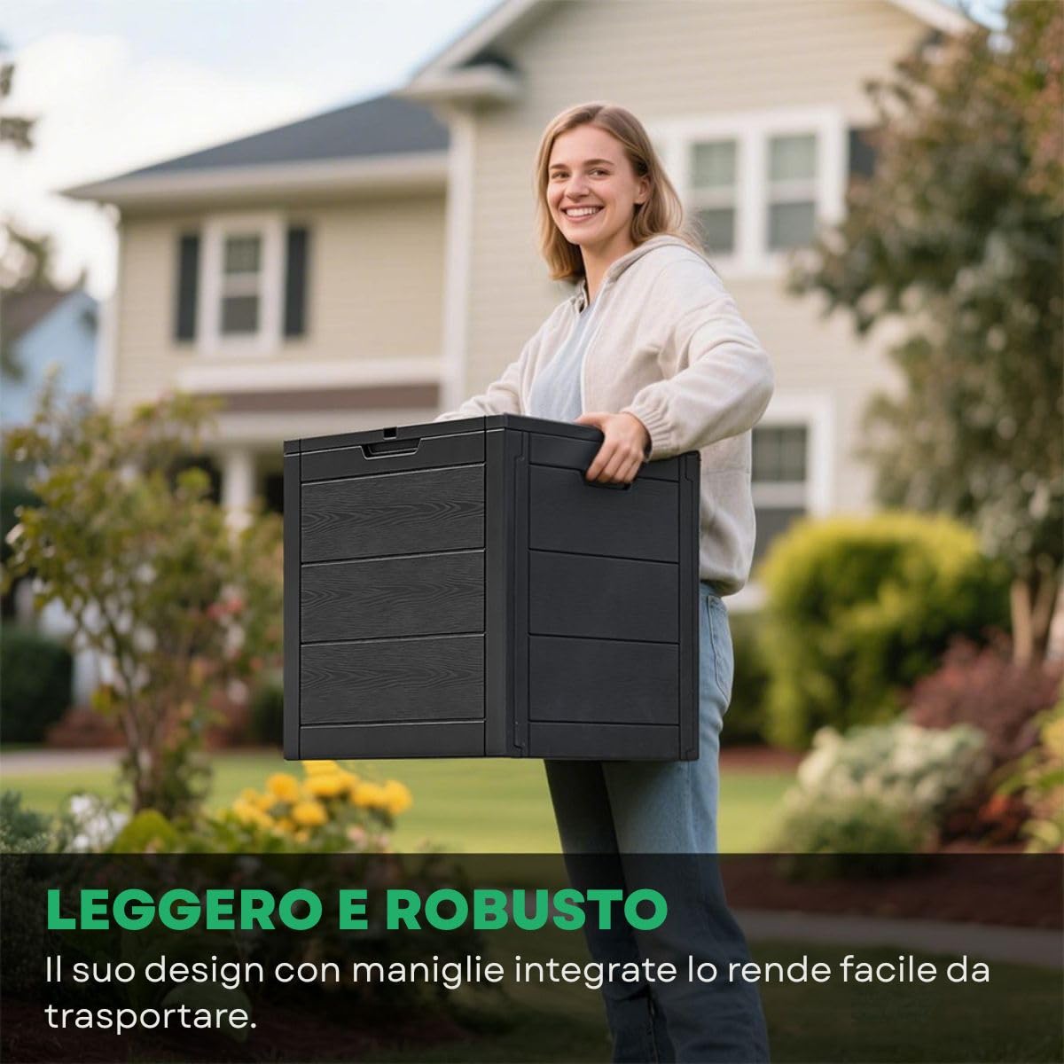 Mobiclinic®, Baule da Esterno, 120L, in Resina, per Giardino, Patio, Balcone, 56x43x53 cm, Impermeabile, Coperchio Incernierato, Chiusura a Scatto, Maniglie, Montaggio senza Attrezzi, Boxly