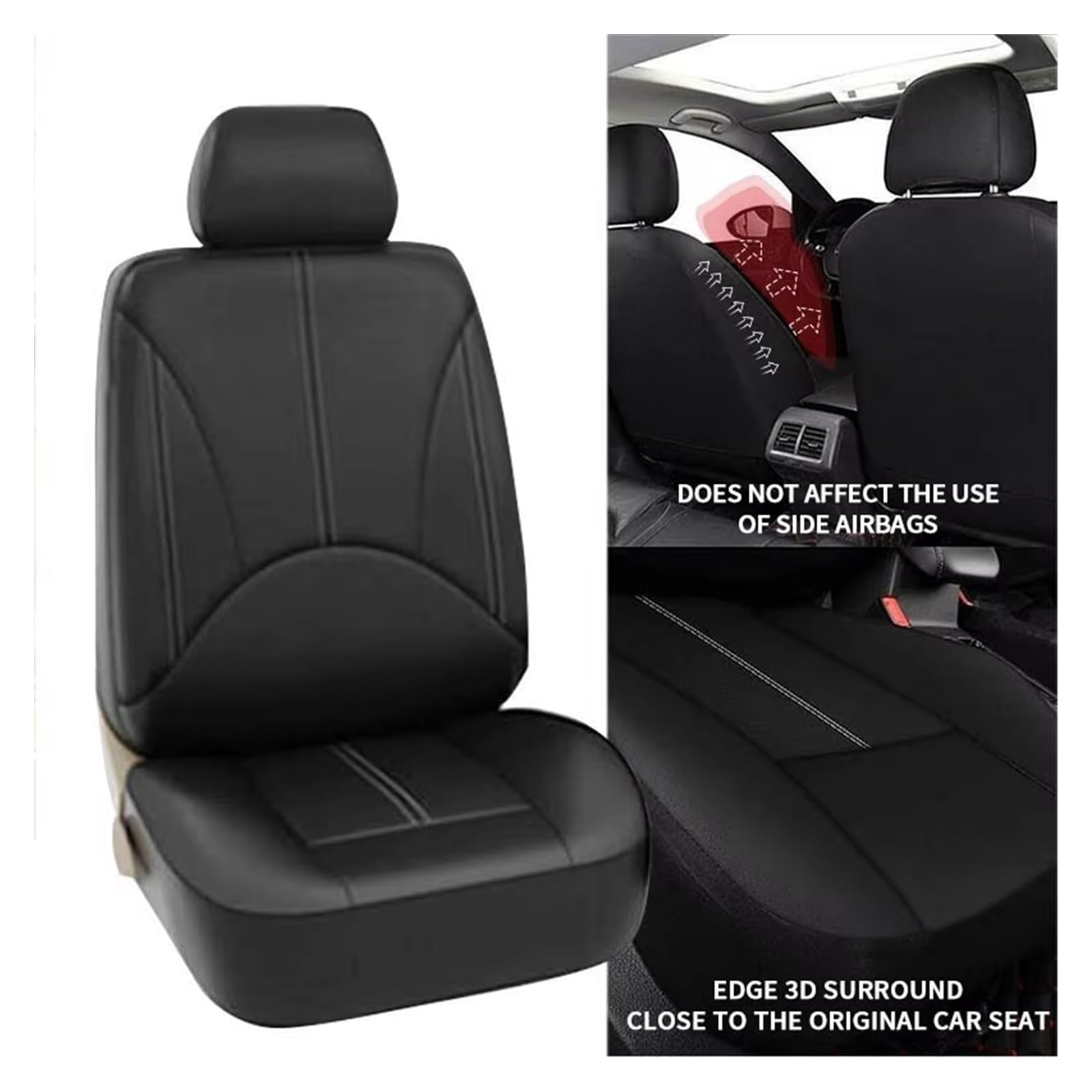 Fundas Asiento Coche Conjunto Funda Asiento Coche Polipiel, Cojín De Asiento Coche Transpirable Funda Asiento Completamente Envuelta Transpirable Antideslizante Antideslizante Asiento Coche(Black Fro