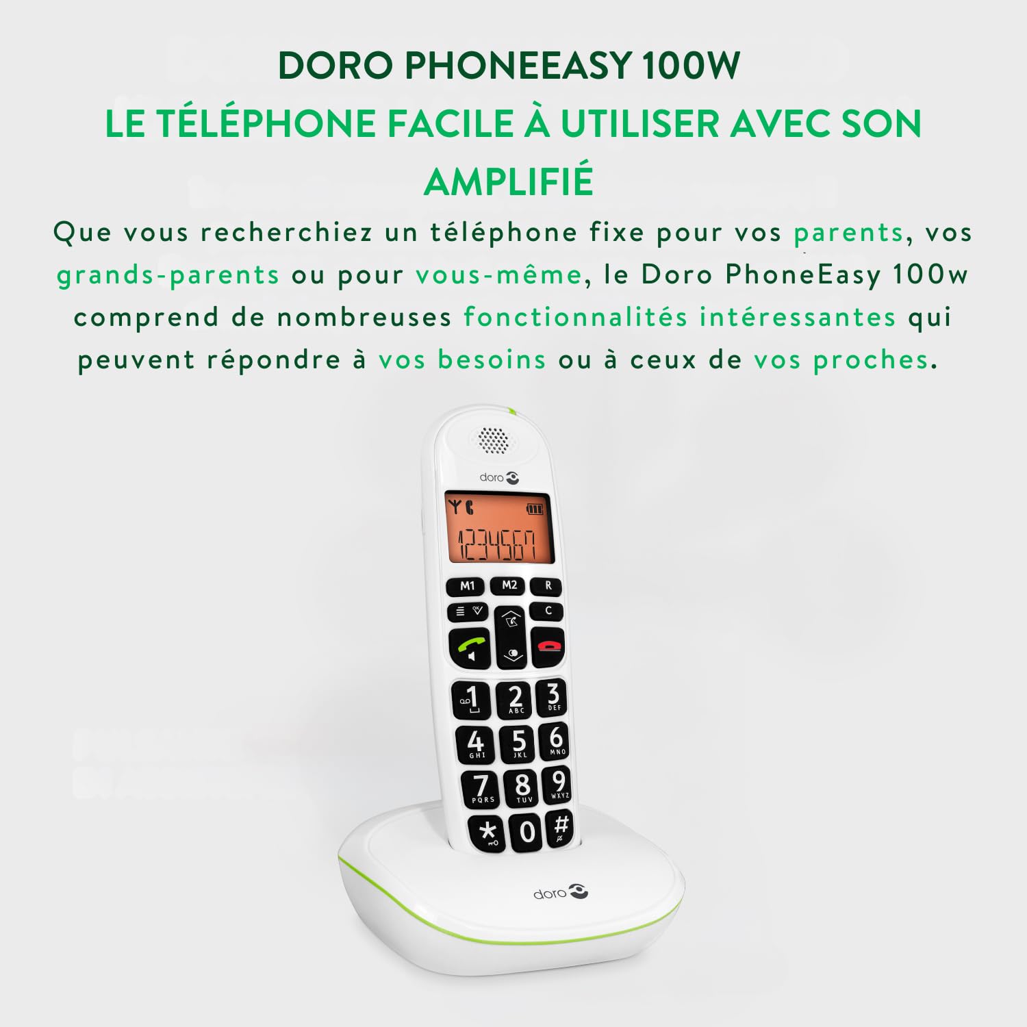 Doro PhoneEasy 100w Téléphone sans Fil DECT pour Seniors Grandes Touches Son Amplifié Blanc