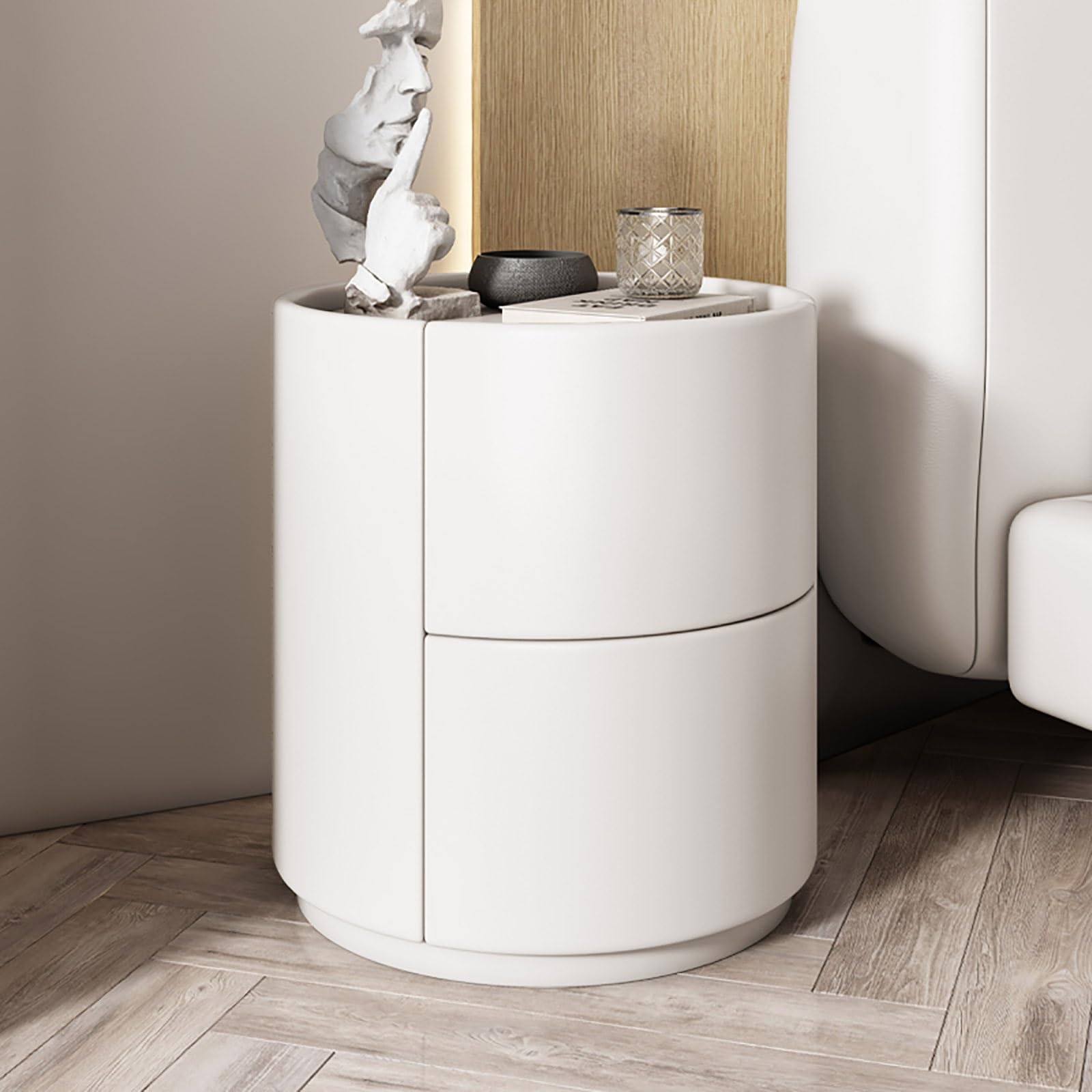 Comodino rotondo in legno massello bianco moderno e minimalista con doppi cassetti portaoggetti, comodino minimalista mini camera da letto moderna-comodino in legno massello ( Color : Pure white , Siz