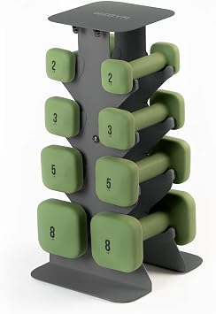 WeGym SafeGrip Square Dumbbells with Anti-Slip Handles, Safe Weight Lifting Equipment for Home Gym, Aesthetic Dumbbell Sets (Starter Set 2+3+5+8LB Pair with Slate Rack - Forest Set)