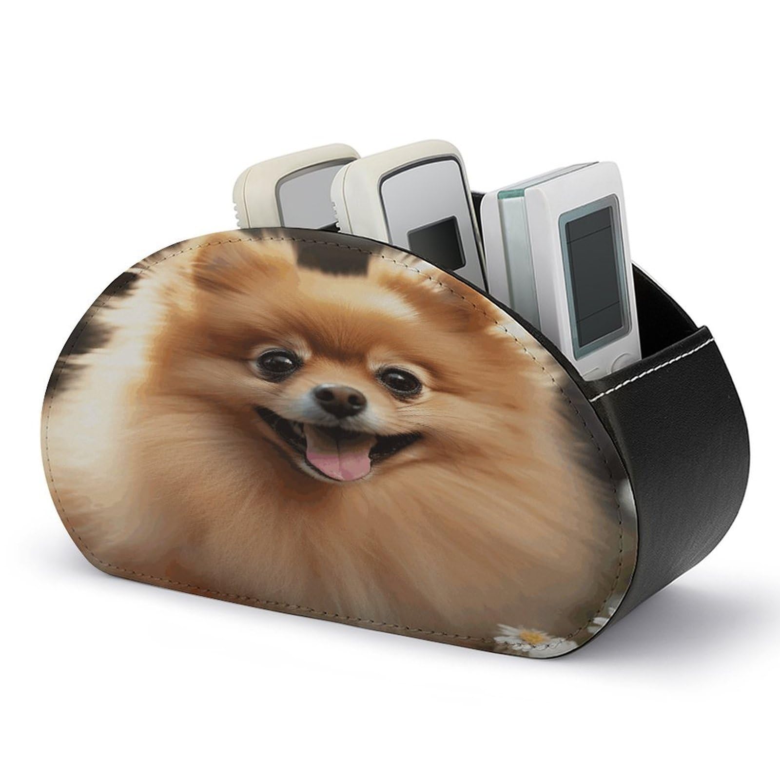 FodPand Pomeranian Dog Remote Control Holders PU Leather Remote Caddy Desktop Organizer with 5 Compartments TV Remote Holder Box Tray for Bedside Table Office Desk Accessories&Gift