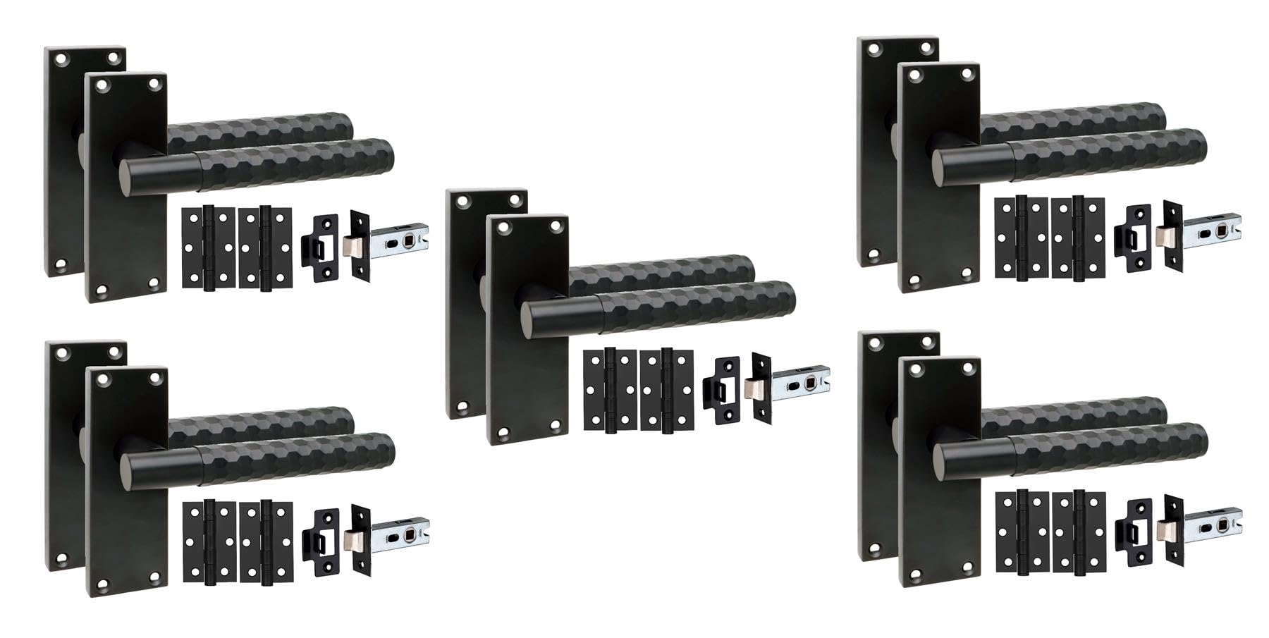 Golden Grace Matt Black 5 Pair Victorian Knurled Hex Cut Internal Door Handle Sets 120 X 40Mm With 2.5" Latch & Hinges