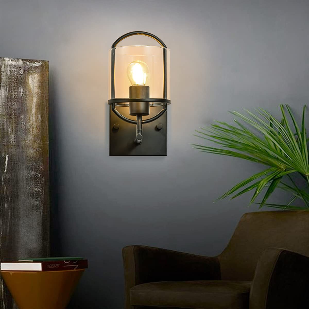 WXKAGF Lampada da Parete Industriale Nera Lampada da Parete per Interni retrò Vintage in Vetro con Base per Lampada E27, lampade da Comodino in Stile Semplice, Applique da Parete in Gabbia di Metallo