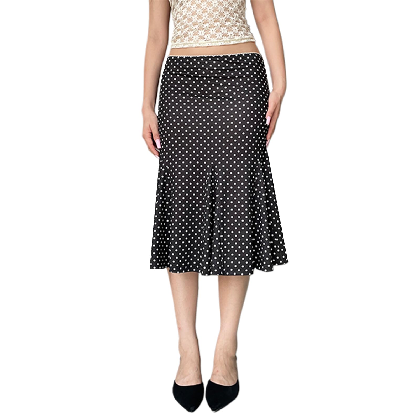 Franhais Womens Polka Dot Midi Skirts Low Waist Flowy Pleated Hem Slim A Line Skirts Elastic Bodycon Half