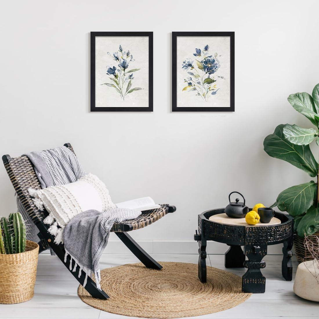 lianyibo Set di 2 stampe botaniche con fiori selvatici, stampe da parete floreali blu per bagno, soggiorno, camera da letto, ufficio (70x90cmx2/senza cornice)