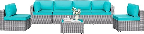 Miniatura 14 de Shintenchi Juego de 5 muebles de patio al aire libre, sofá seccional de patio, muebles de mimbre de polietileno gris, juegos de conversación Azul