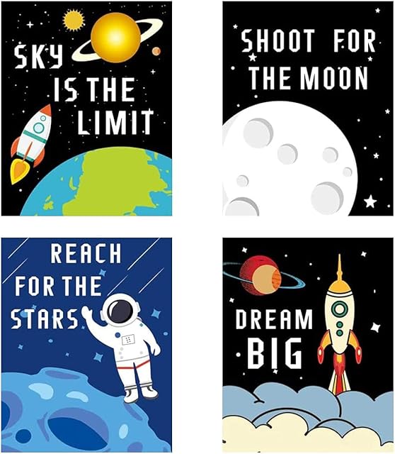 KARTME Cartoon Rocket Art Picture Space Posters Astronaut Art Print Set of 4 (10X8Kids Inspirational Wall Art for Nursery or Boys&Girls,No Frame
