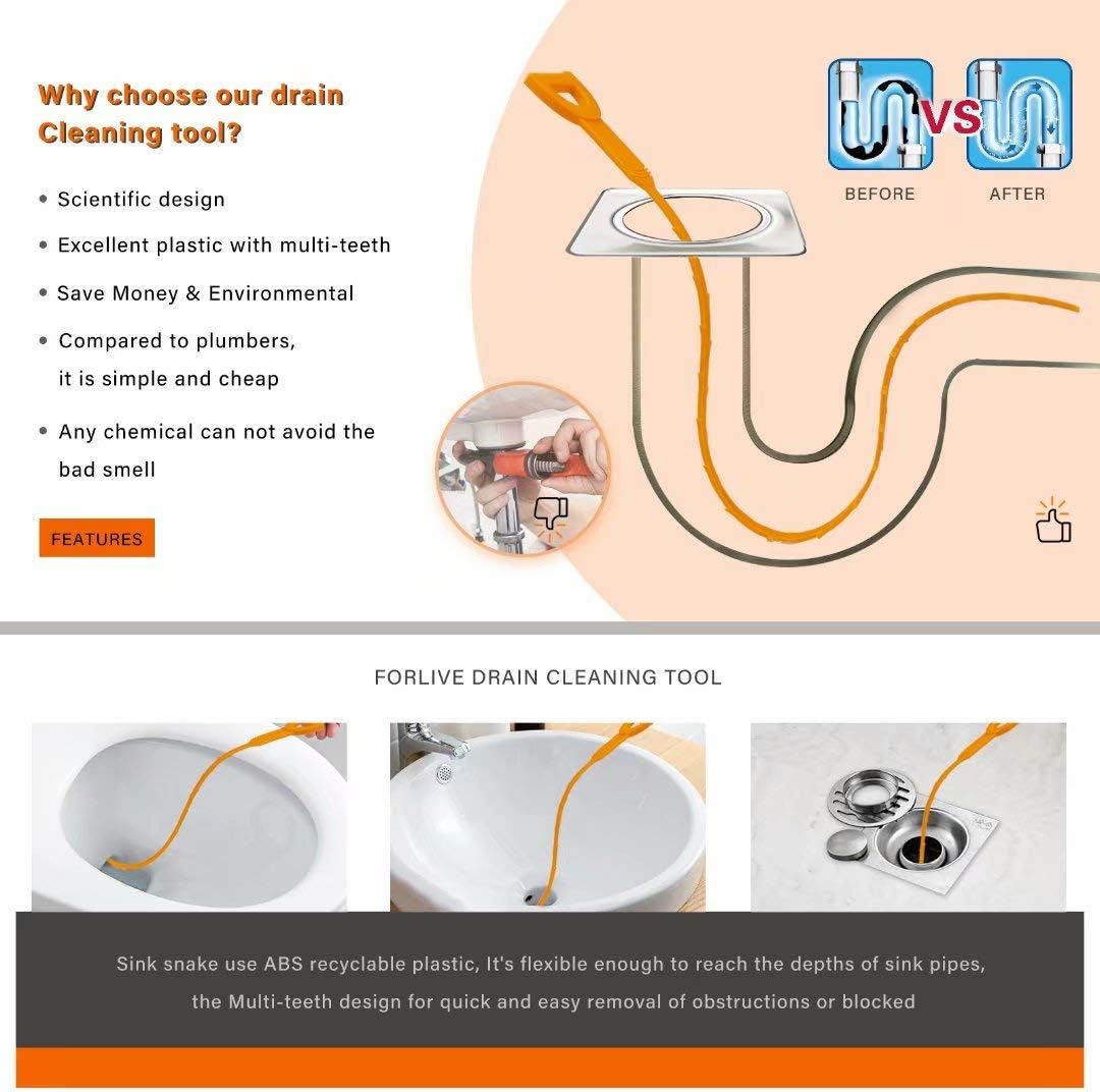 Flexible 3 Pack 20 Inch Drain Clog Remover Snake Hair Cleaning Tool for Sewer Kitchen Sink Bathroom Tub Toilet Clogged Drains Relief Cleaning Tool : Health & Household