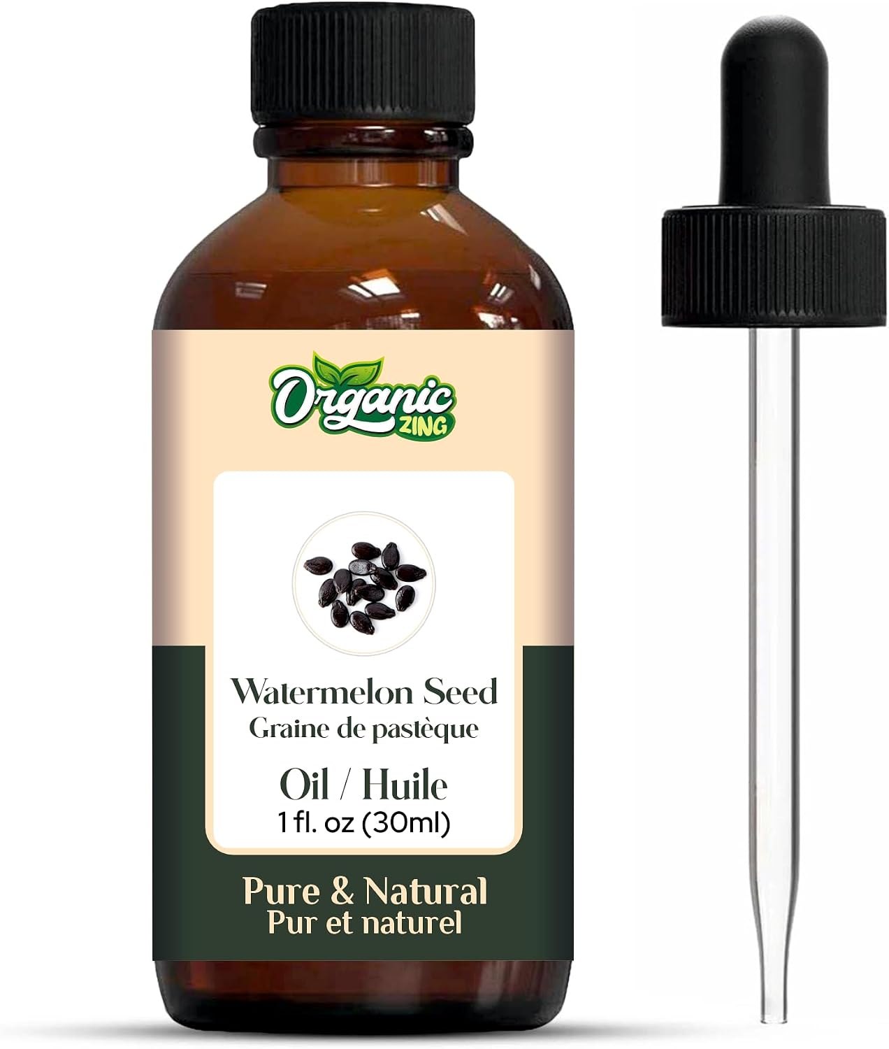 Organic Zing Watermelon Seed Oil 30ml 1.01 fl oz - Light Dry Finish Seed Oil for Skin Care, Hair Care, Handmade Cosmetics, Soaps and Cream Blends