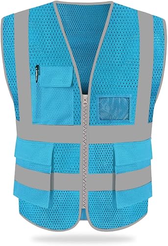 HYCOPROT Chaleco reflectante de seguridad de malla de alta visibilidad con bolsillos y cremallera, cumple con las normas ANSIISEA