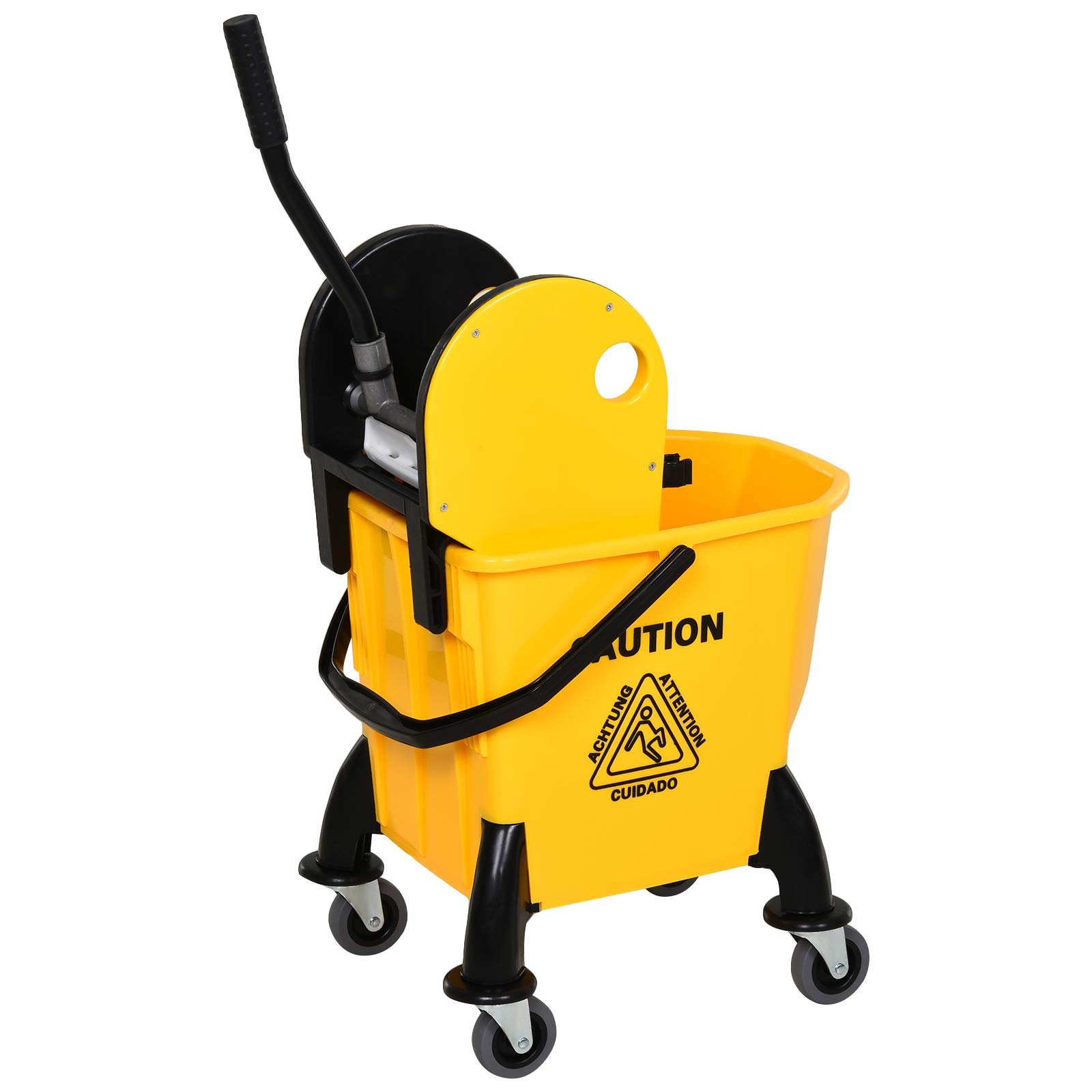 HOMCOM Cubo de fregona de 26 litros y escurridor de Agua con 4 Ruedas, Cuerpo de plástico, Mango de Metal, Soporte para Poste de Limpieza Comercial para el hogar, Carrito de Piso, Color Amarillo