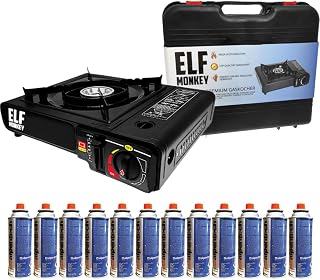 Hornillo de gas para acampada, incluye cartuchos de gas. Cocina de gas con maletín de transporte: con 12 cartuchos de gas