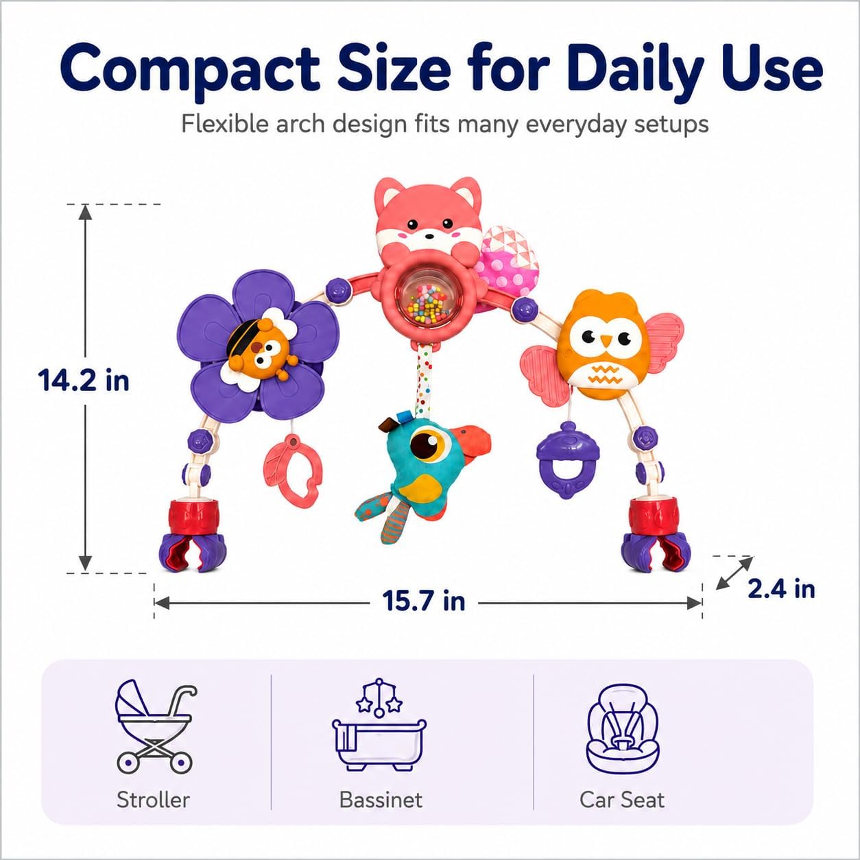 Baby Stroller Arch Toy, Clip On Infant Activity Bar with Rattles, Teether, Plush Hanging Toys & Adjustable Clips for Stroller, Bassinet, Bouncer and Car Seat, Baby Sensory Toy 0-6 Months image 5