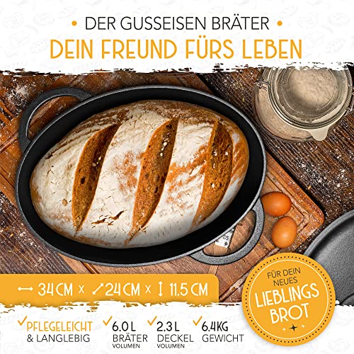 Gusseisen Bräter oval 34 cm mit Deckel für Brot und Ofen