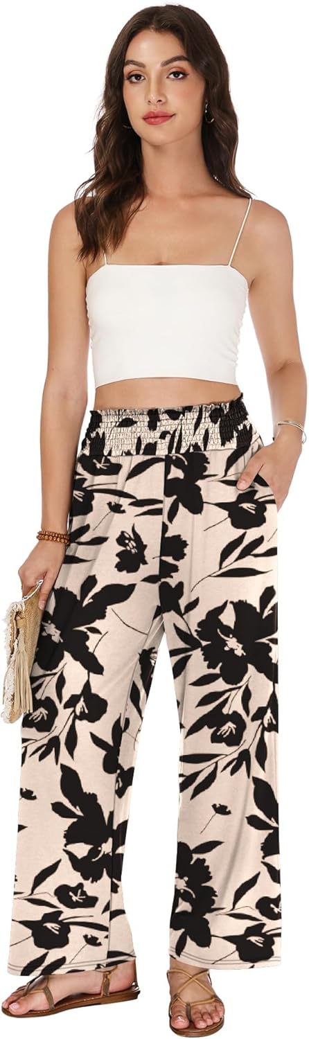 LOMON Palazzo Pants for Women Casual Wide Leg Flowy Pants Beach Vacation Clothes Elastic Waist Boho Trousers with Pockets - Image 3