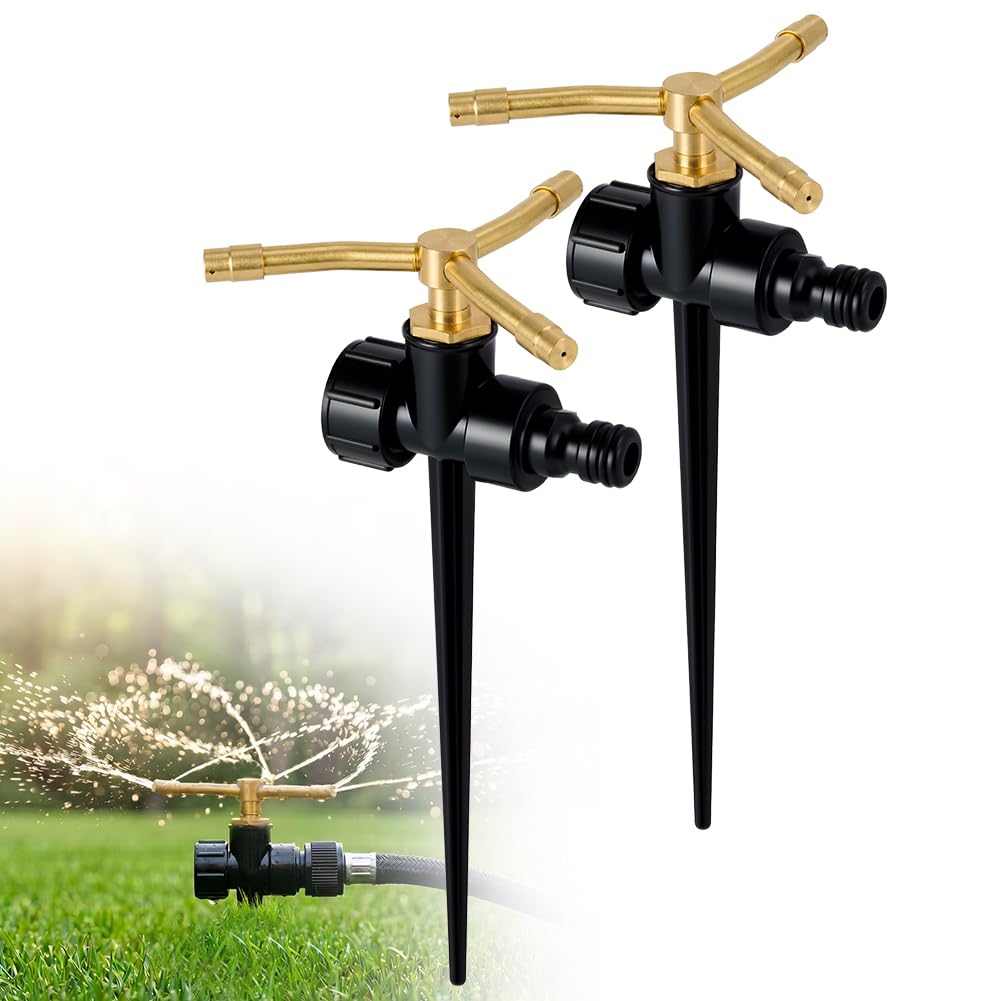 ANOMM Metal Lawn Sprinkler, 3-Arm Water Sprinkler 360 Degree Automatic Rotary Garden Sprayer System with Spike Base, Large Yard Area Watering for Plant, Flower Bed and Patio(2-PCS)