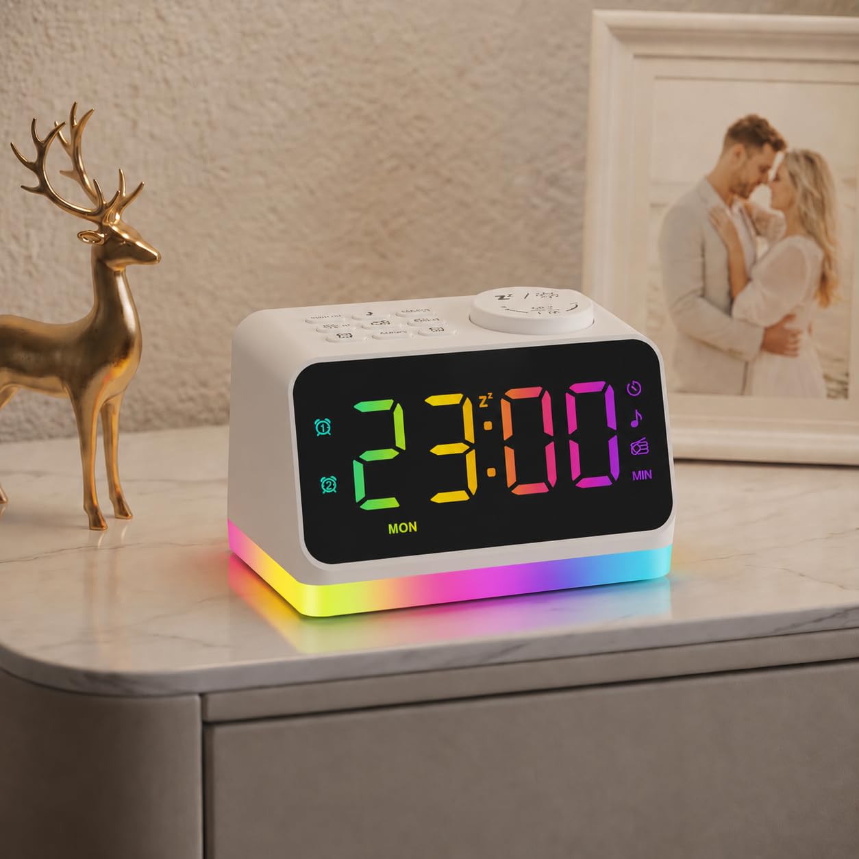 JALL Digital Alarm Clock with FM Radio for Bedroom, 8 Colors Night Light with 2 Charging Port, Sleep Sound Machines with Timer, Dual Alarm, Loud Alarm and Easy to Use for Seniors as Gift