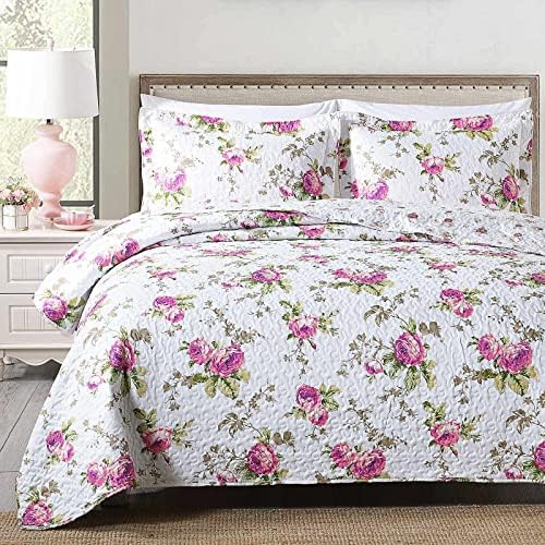 Boryard 3-Piece Full Queen Quilt Set, Lightweight Soft Full Size Quilt Bedspread Coverlet (90x90 inches) Bedding Set with 2 Pillow Shams (20x26 inches), Rose Floral Print