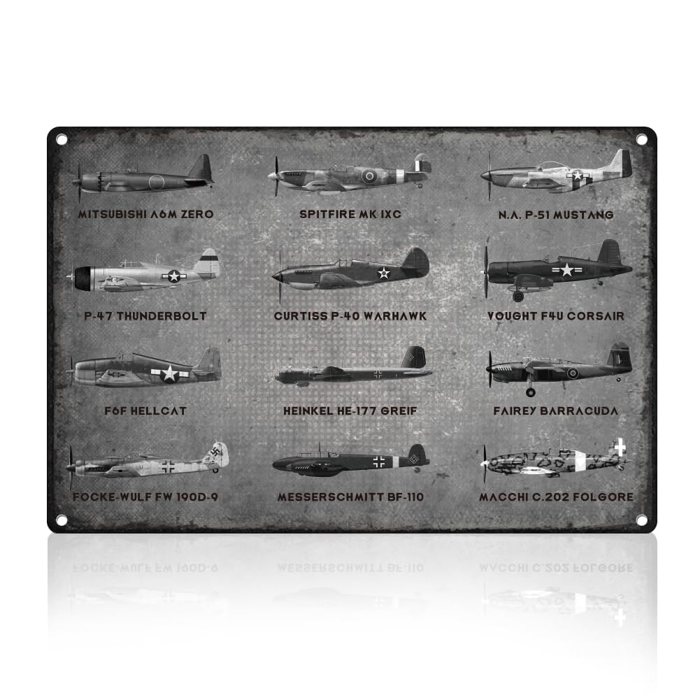 DOODLREAM WWII Fighter Planes Metal Tin Sign Wall Decor Airplane Aviation Enthusiast Military Fan Gift for Men Vintage Poster for Home Room Man Cave Bar Wall Decor 8 x 12 Inch