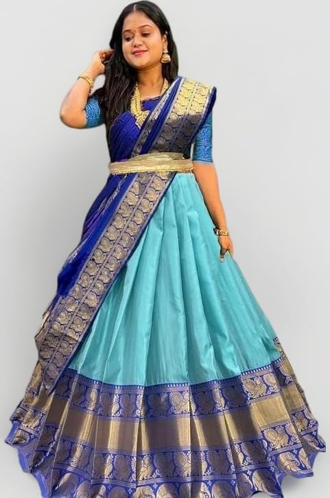 Women's Indian Traditional Unstitched Kanjivaram Kanchipuram Silk Lehenga Choli With Dupatta Attach With Unstitch Blouse Piece, Half Saree (KH143 LAHENGA SAREE PLAIN FIROZI ROYAL)