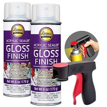 Aleenes Acrylic Sealer Spray 2-Pack with Attachable Nozzle - 6 oz. Gloss Finish, Clear - Water Proof Sealant - Non-Yellowing - Includes Snap-in Spray Can Holder with Trigger