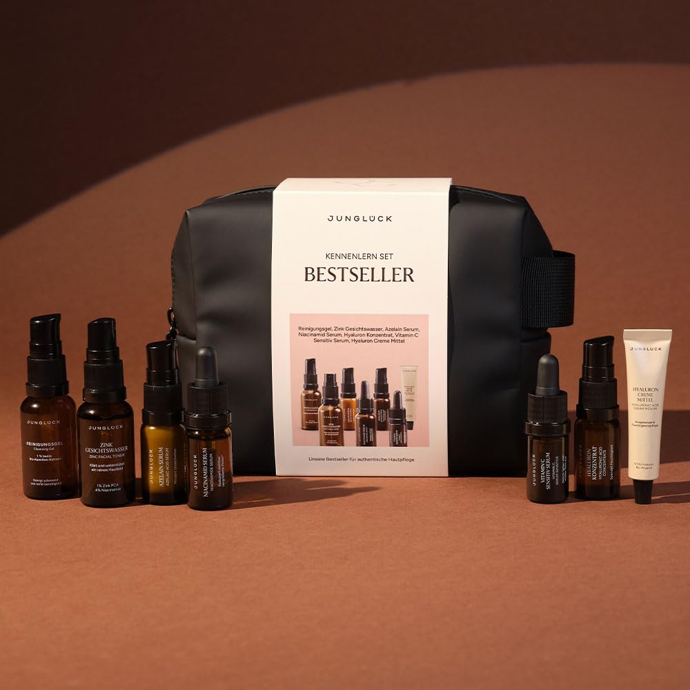 JUNGLÜCK Kennenlern Set Bestseller | Skincare Geschenkset für strahlende Haut – Reinigungsgel, Zink Gesichtswasser, 4 Seren & Hyaluron Creme