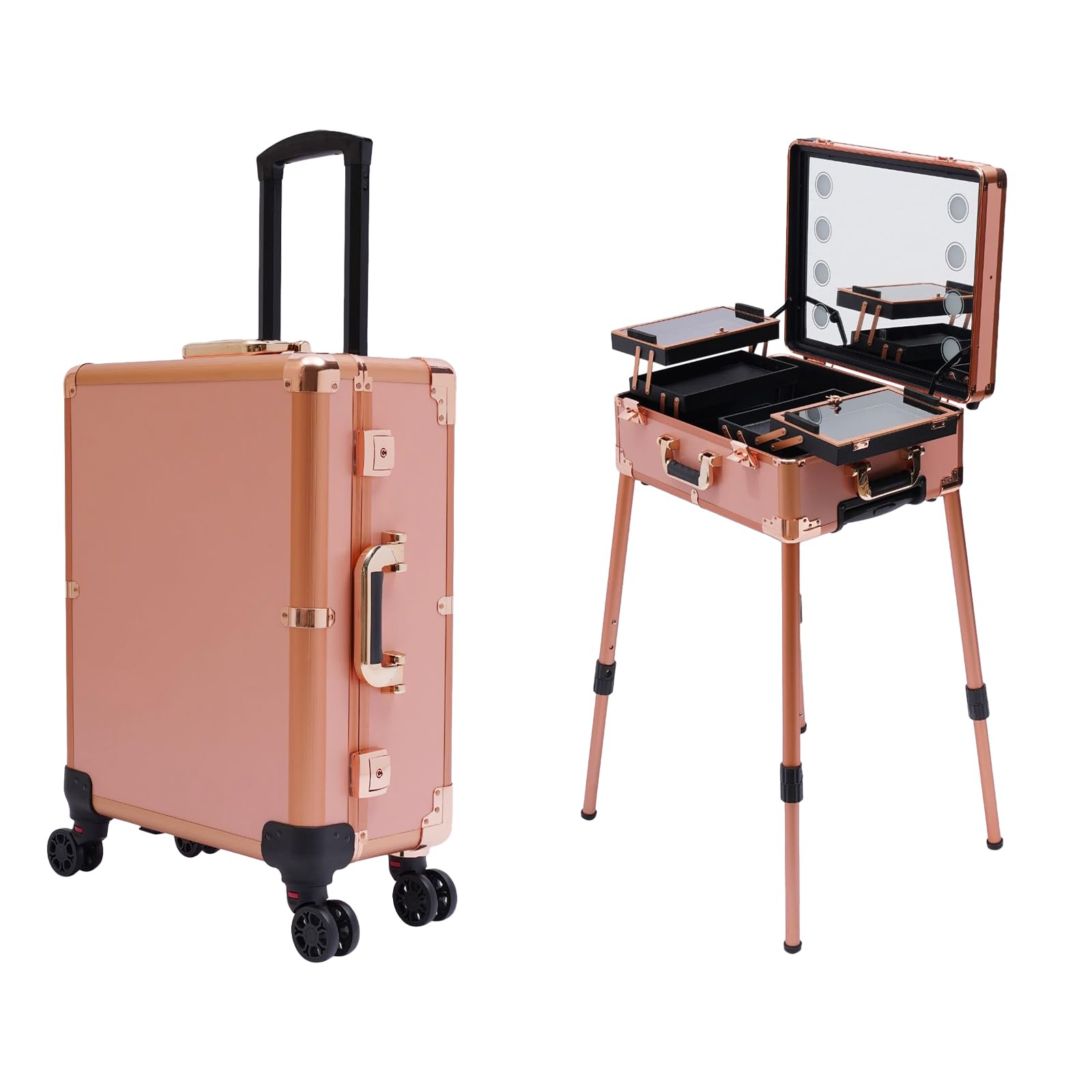 Kosmetikkoffer Trolley, Multifunktional Schminkkoffer, Make Up Koffer mit Spiegel und LED Licht, Friseurkoffer mit Rollen, Einstellbare Höhe und Helligkeit (Roségold)