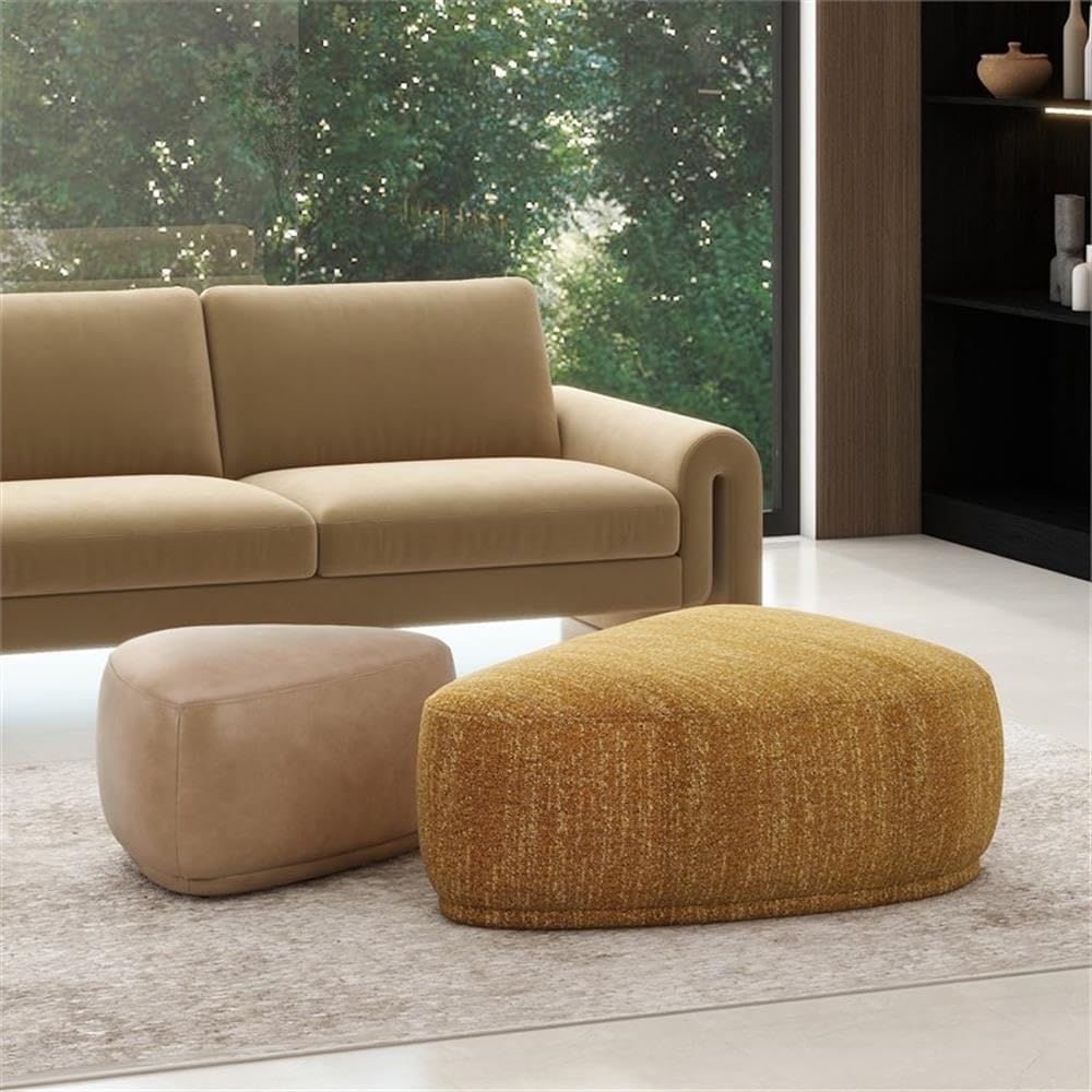 Pemberly Row Modern Cocktail Ottoman, 26" Rounded Triangle Design, Genuine Tan Brown Cow Leather, 11-Layer Plywood Frame, Versatile Footrest or Bench for Living Room, Fully Upholstered