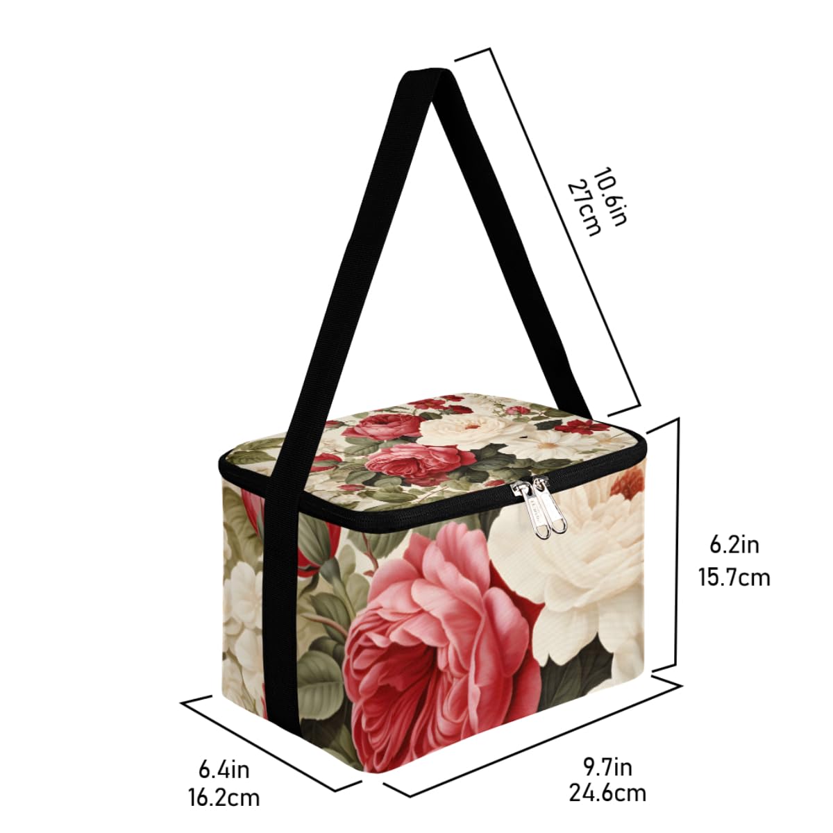 GzLeyigou Lunch Bags for Women Men 9 Cans,Red White Roses Hot & Cold Food Delivery Bag Insulated Grocery Bag Insulated Lunch Box Blossom Flowers Cooler Bag for Office Work Picnic Beach