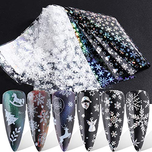 BiBiSi Christmas Nail Foil Transfers Stickers Christmas Nail Art Decals 10 Pcs Laser White Snowflake Christmas Nail Decals Nail Art Supplies Decorations for Christmas Party Favor Nail Decor
