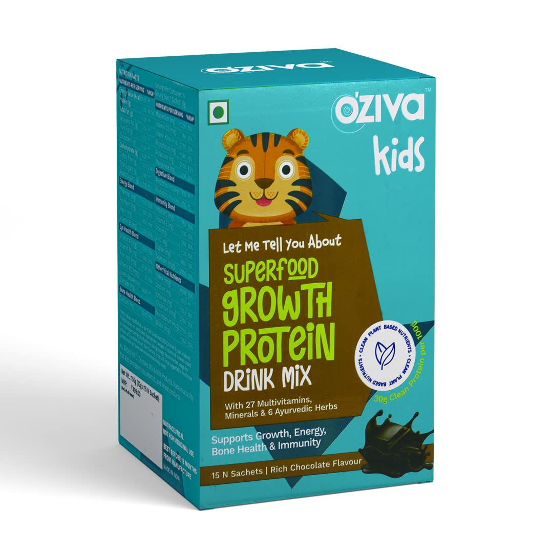 OZiva Kids Superfood Growth Protein Drink Mix for 5 Years & above, 27 Vitamins & Minerals, 6 Ayurvedic Herbs, Health Drink for Growth, Strong Bones, Energy & Immunity in Kids (Chocolate, 150g)