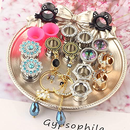 16pcs Crystal Dangle Plugs Ear Tunnels Gauges Pendant Moon Star Stainless Steel Screw Silicone Rhinestone Body Piercings Stretcher Set2