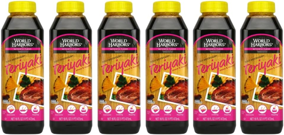 World Harbors Maui Mountain Teriyaki Sauce & Marinade Perfect for Fish, Chicken, Beef, Pork, Wings, Dumplings, Shrimp, Steak, Stir-Fries, Rice & Vegetables Made in USA 16-Fl Oz Bottle, (Pack of 6)