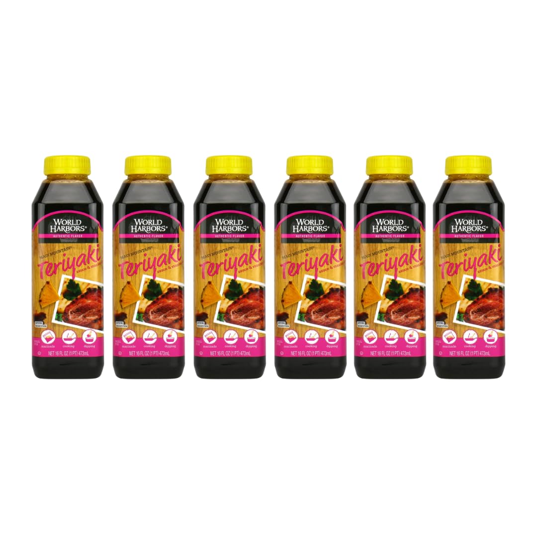 World Harbors Maui Mountain Teriyaki Sauce & Marinade Perfect for Fish, Chicken, Beef, Pork, Wings, Dumplings, Shrimp, Steak, Stir-Fries, Rice & Vegetables Made in USA 16-Fl Oz Bottle, (Pack of 6)