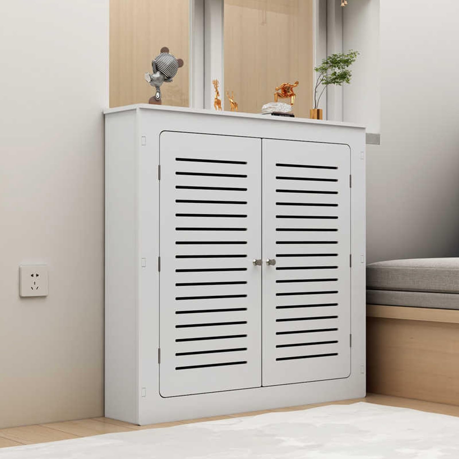 Generico Copritermosifone Moderno, ripiano portaoggetti per armadietto riscaldante, copritermosifone per la casa, mobiletto da Bagno Organizer con 2 Ante, Installazione Senza Foratura, Facile da Puli