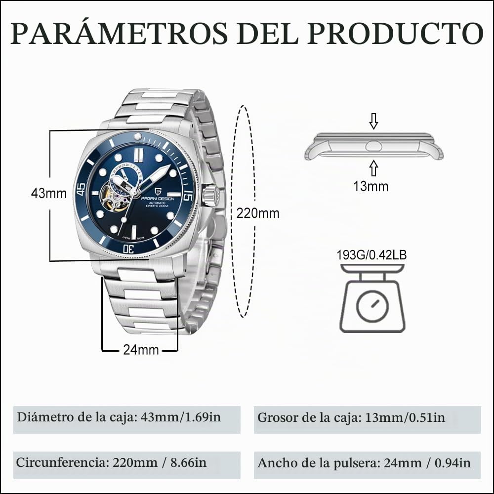 Pagani Design - Reloj mecánico automático para Hombre, Resistente al Agua hasta 200 m, Esqueleto NH39, Movimiento de Cristal de Zafiro, Azul, Casual
