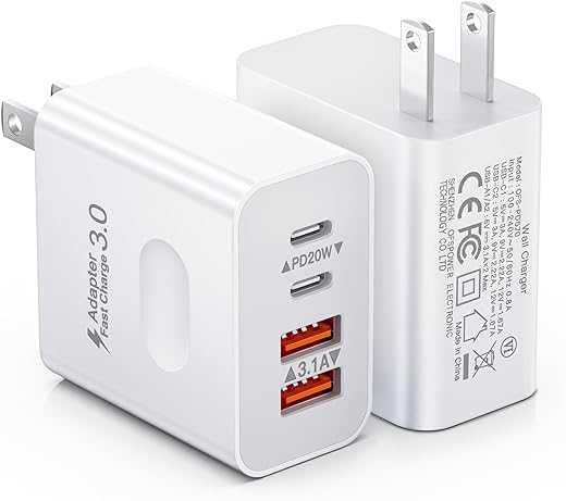 [2-Pack] USB C Wall Charger, 40W 4-Port Fast Charging Block USB C Charger Dual USBC Power Adapter + QC Wall...