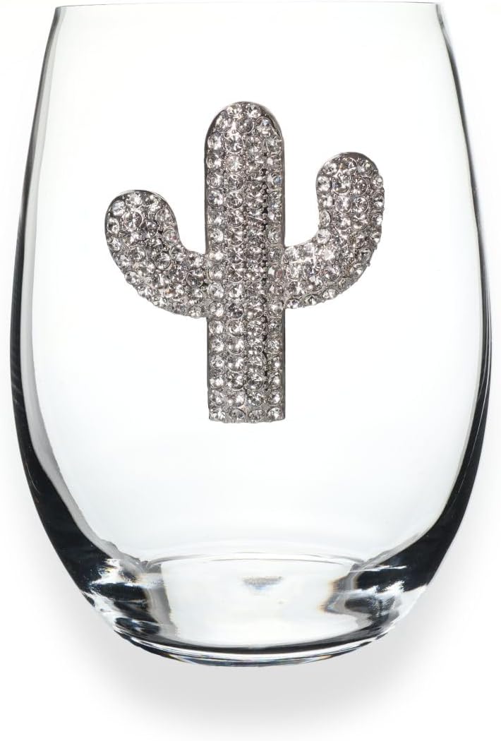 THE QUEENS' JEWELS Cactus with Blooms Jeweled Stemmed Wine Glass, 21 oz. - Unique Gift for Women, Birthday, Cute, Fun, Not Painted, Decorated, Bling, Bedazzled, Rhinestone