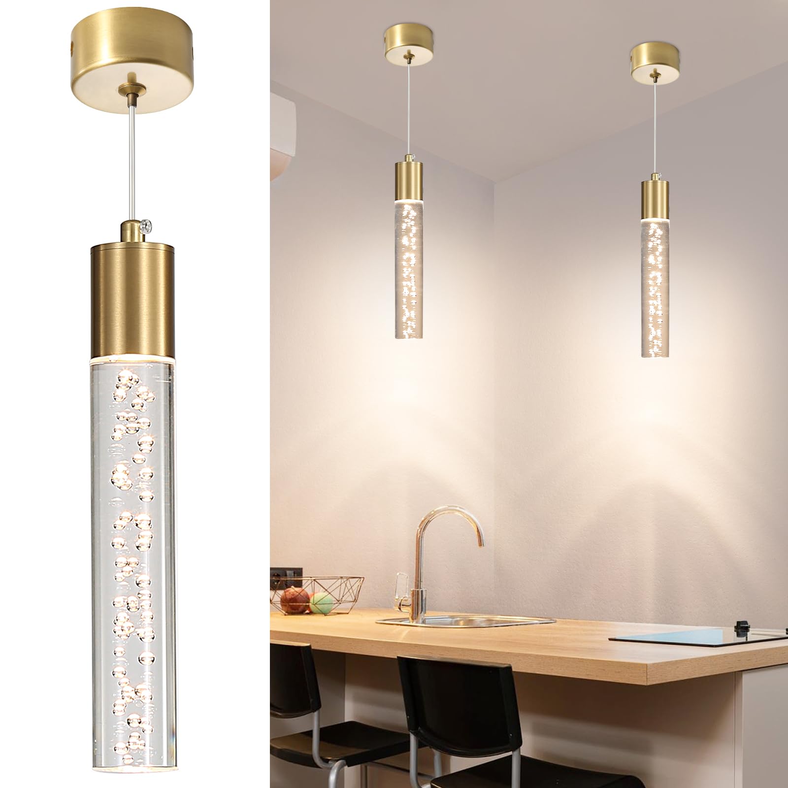 Mikeru Modern Bedside Pendant Light, 3 Colour Temperatures 3000k/4500k/6500k Gold Pendant Light
