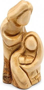 Zuluf Olive Wood Faceless Holy Family Statue 4.5 Inch, Hand-Carved Bethlehem Minimalist Sculpture of Mary Cradling Baby Jesus with Joseph, Catholic Modern Madonna Christmas Altar Decor Gift