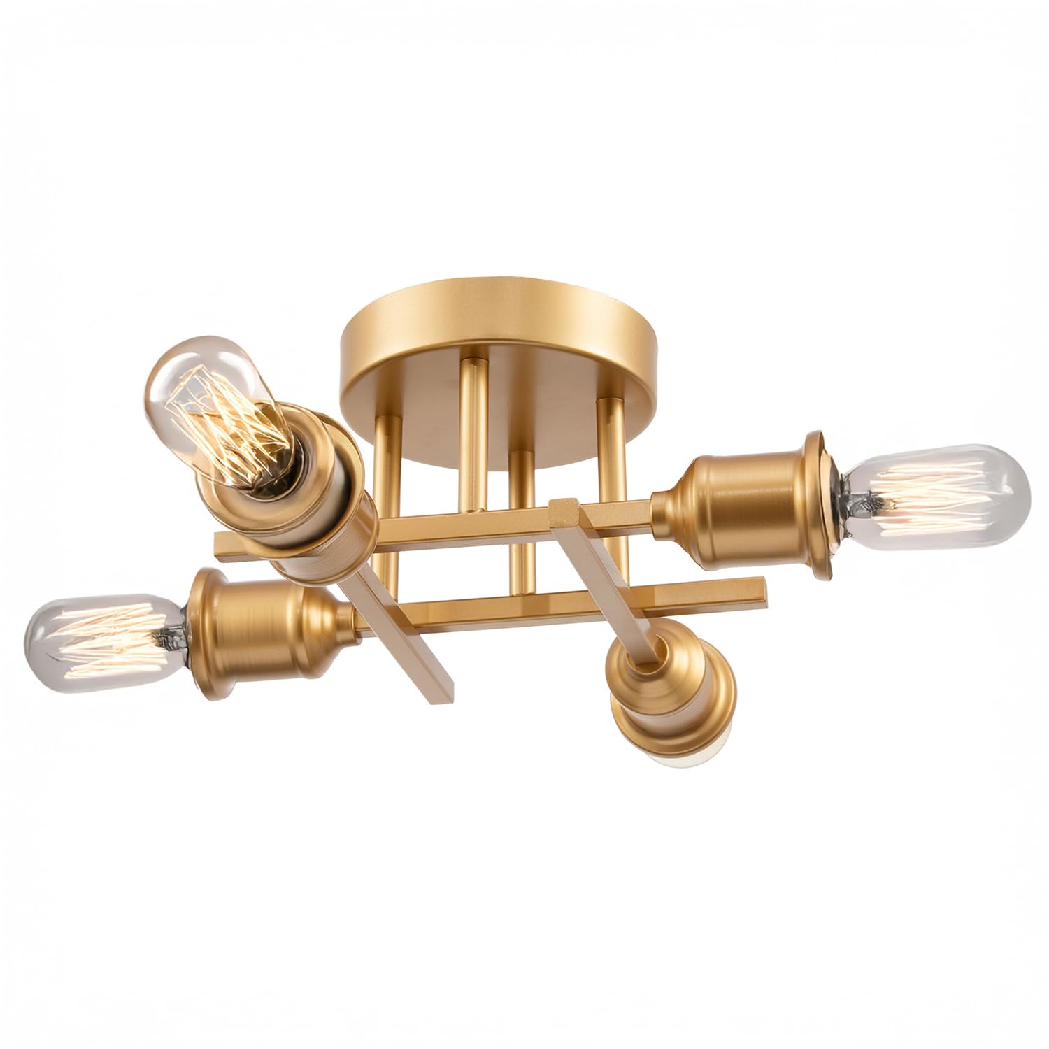 Happy Homewares Industrial Vintage Satin Gold Ceiling Light Fitting with Traditional Lamp Holders | Showcase Vintage LED Light Bulbs | 15cm x 26cm