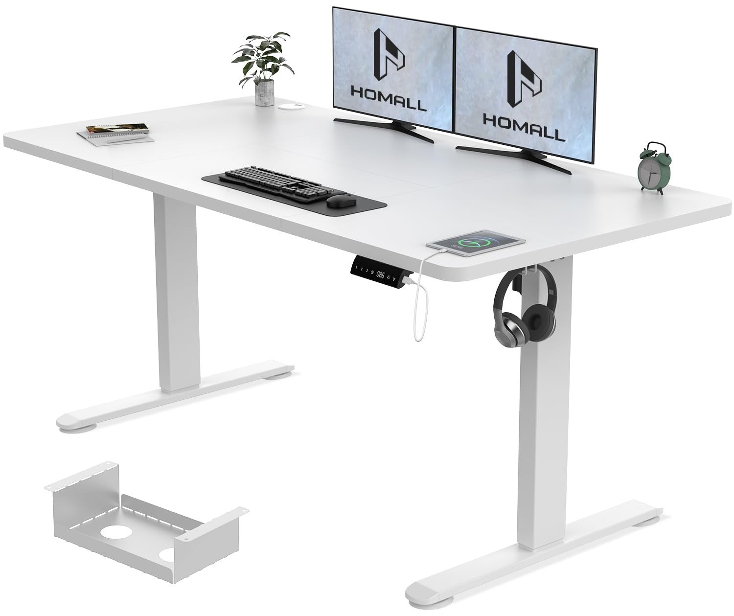 Homall Height Adjustable Electric Standing Desk 140x70cm Sit Stand Desk with USB Charging, Time Reminder, 3 Memory Settings, Wire Management Tray, White