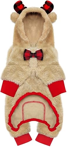 Miniatura 9 de KYEESE Pijamas para perro, renos de Navidad con corbatín, pijamas de perro a cuadros rojos para perros pequeños, pijamas para mascotas a cuadros