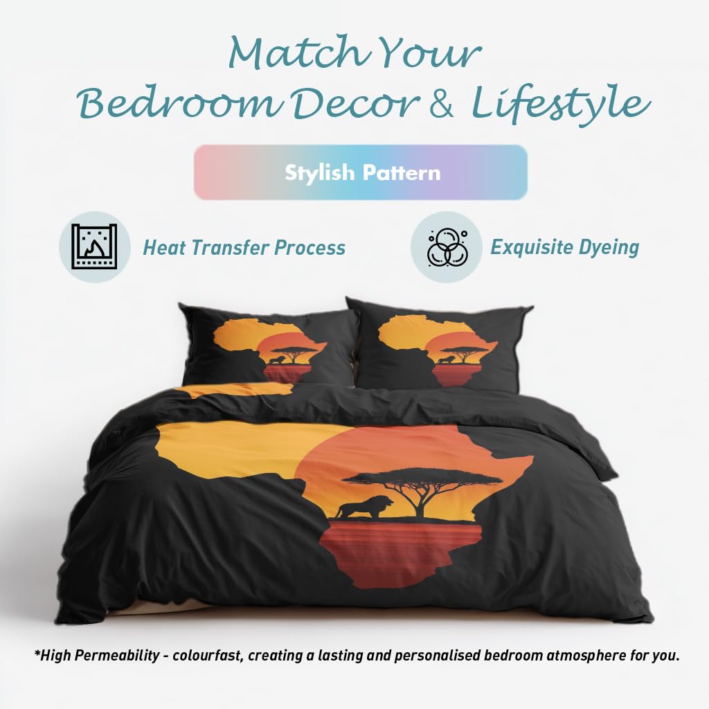 Bettwäsche 200x220 Afrikanische Sonnenuntergang Design, 3teilig - Afrikanische Safari Wildtier Bettbezug und 2 Kissenbezug 80x80, Wendebettwäsche, Schlafzimmer Deko, mit Reißverschluss SD-1325