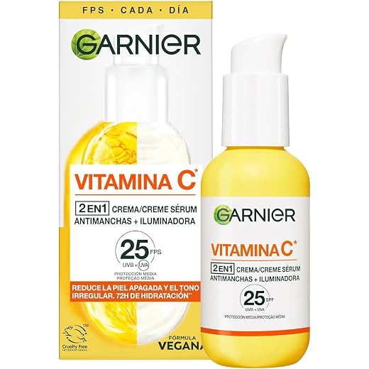 Garnier, Sérum Facial Iluminador y Anti Manchas 2 en 1, Con 20% Vitamina C y SPF25, No graso, Clínicamente probado, 50 ml
