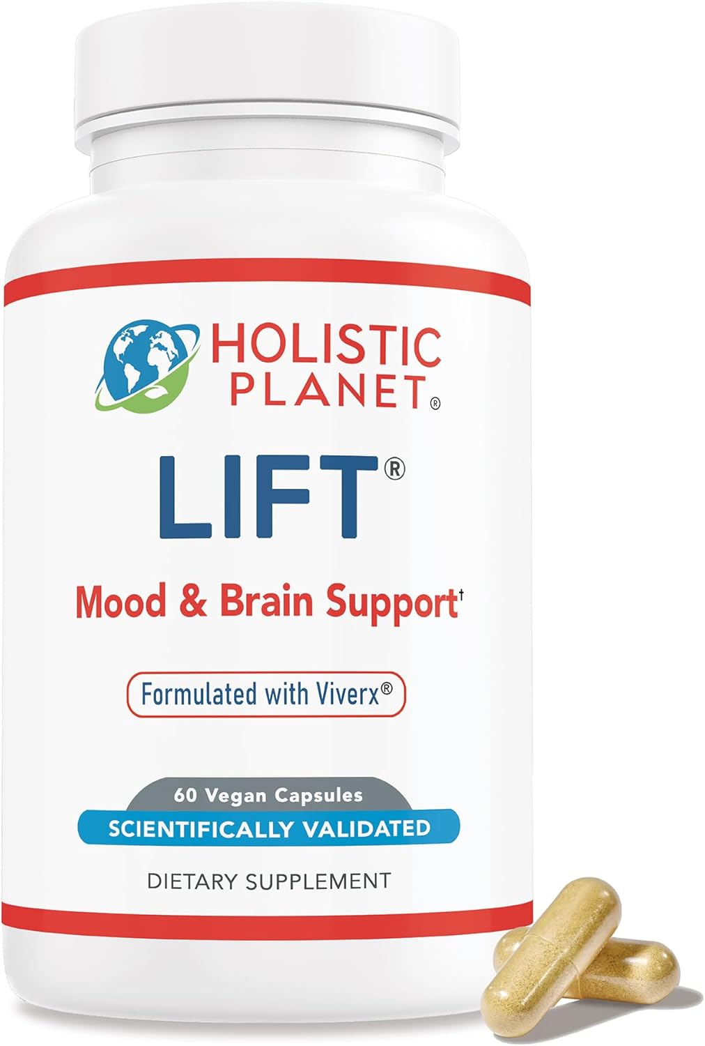 Holistic Planet® Lift® – Premium Mood Brain Health Supplement – All-Natural Clinically Studied Ingredients – with Bacopa Monnieri, 5-HTP, Guarana, GABA, Ashwagandha, L-Glutamine, and Magnesium