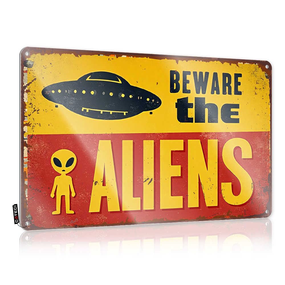 Fzfn Colour Vintage Ufo Warning: Beware The Aliens! Sign Tiki Bar Decor Decorative | Cute Custom Hanging Art For Work Living Room(30X40cm)